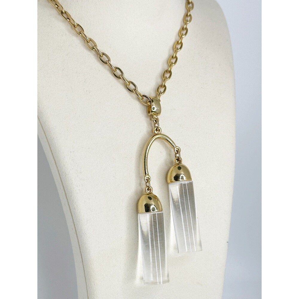 Vintage Clear Lucite Tube Pendant Gold tone Necklace 15.5" chain